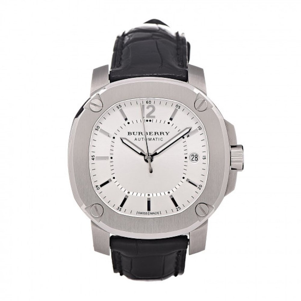 NWT BURBERRY BRITAIN AUTOMATIC STAINLESS STEEL ALLIGATOR LEATHER WATCH